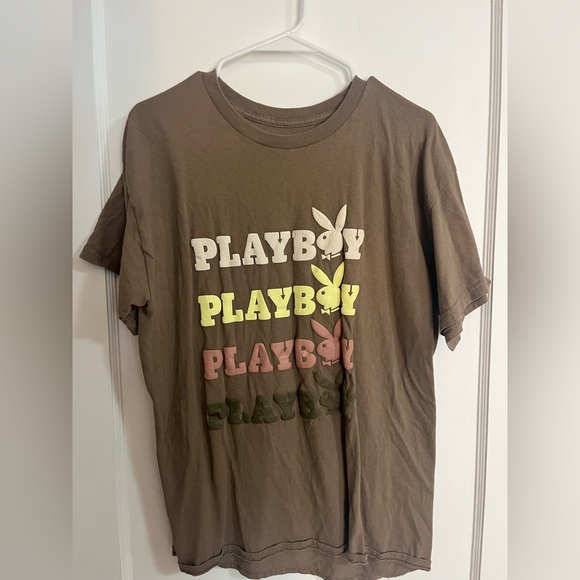 PLAYBOY Multicolor Logo Brown Tee - Picture 1 of 1